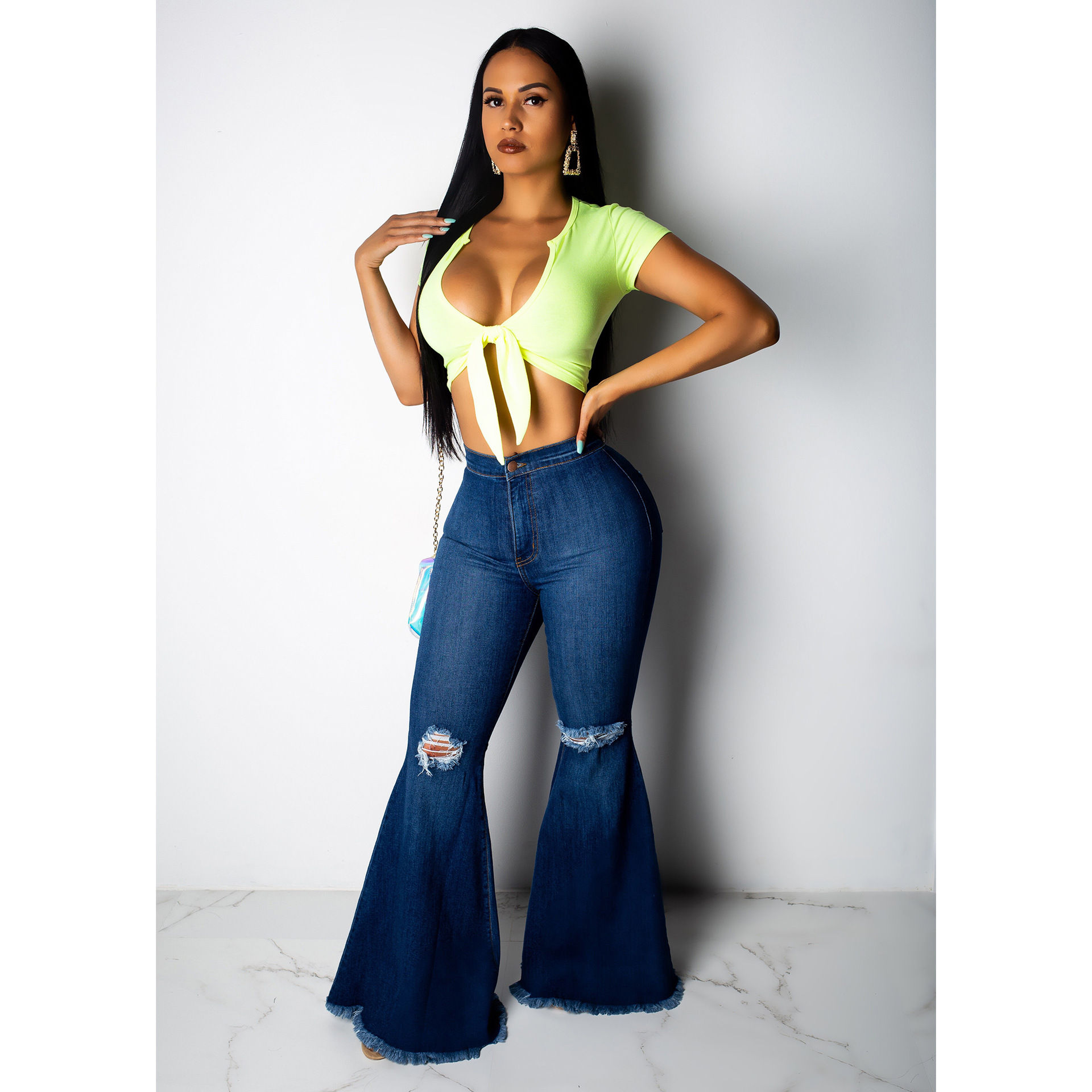 Plus Size Denim Hole Long Flared Jeans Pants