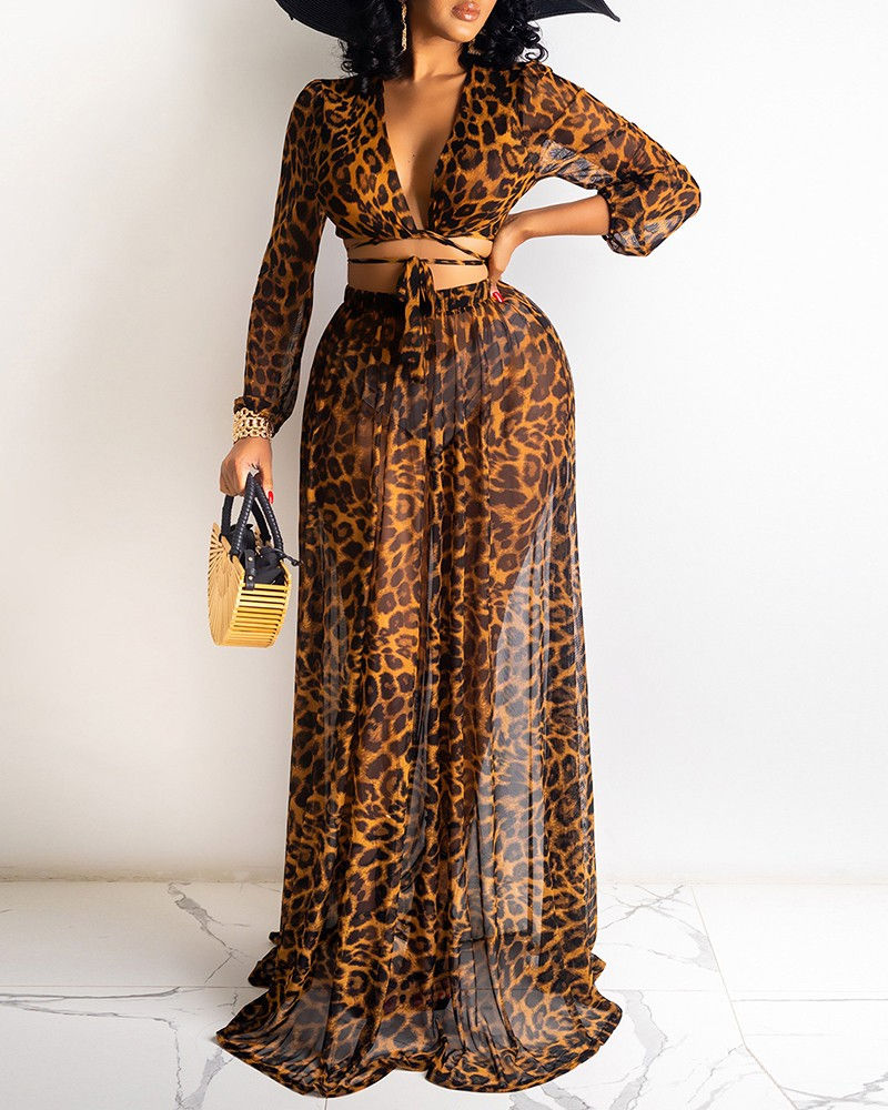Thumbnail: Leopard Print Long Sleeve Top & Skirt Set
