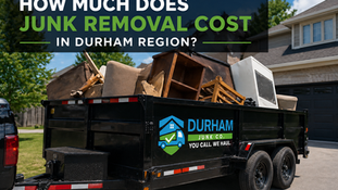 Black trailer loaded with junk in a driveway, labeled "Durham Junk Co. You Call. We Haul." Text above asks about junk removal costs.