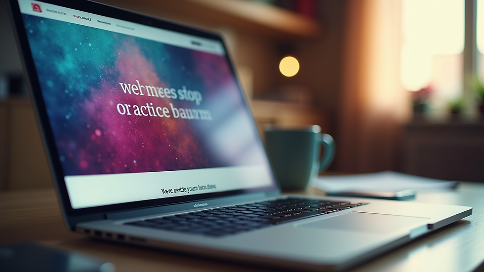 Eye-level view of a laptop displaying a colorful website design