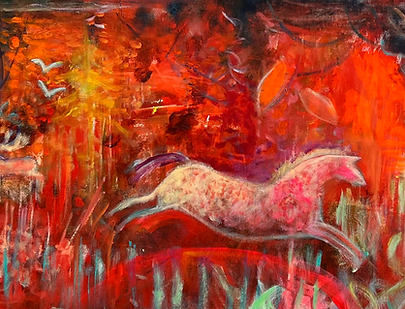 F_Trop 2023, Cheval rouge 22x52 Acrylique sur toile (VENDU).heic