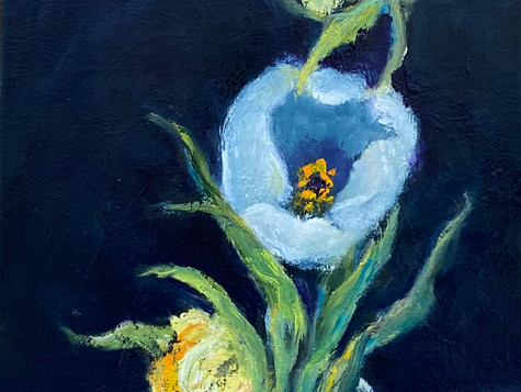 White and & Yellow Tulips in Clear Vase, 10 x 12, Oil on Paper, 4-22