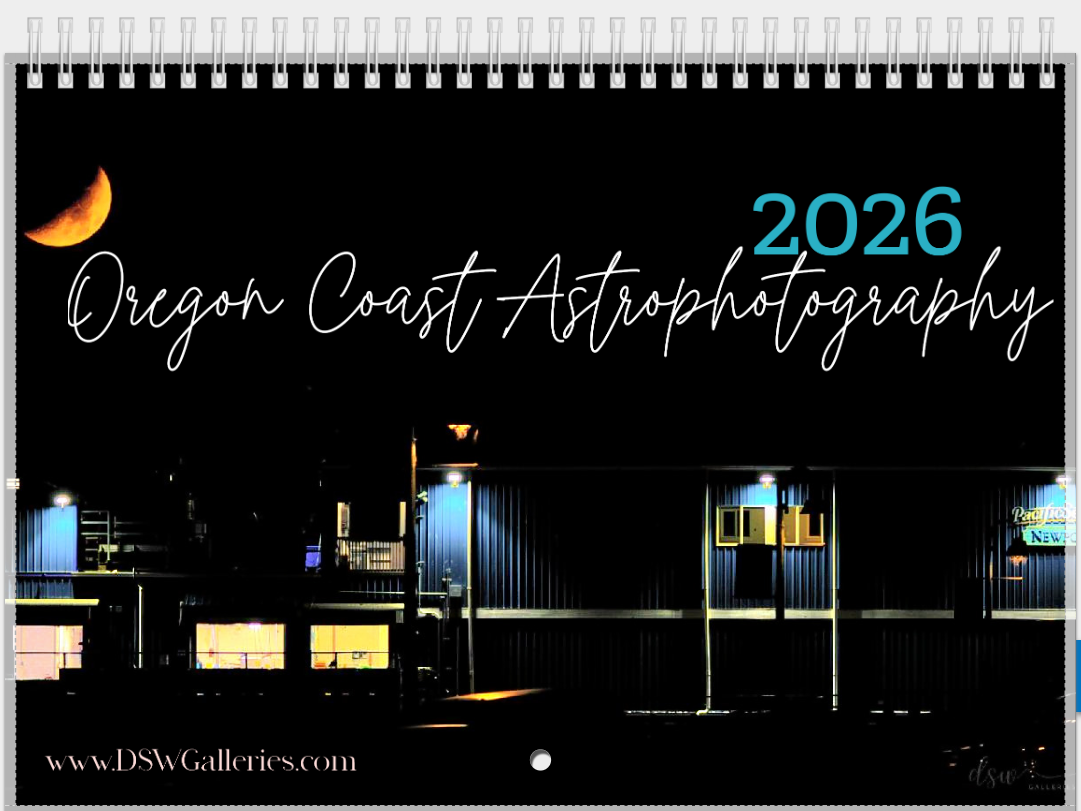 Calendar front cover showing crescent moon over a landmark fish processing plant on the Bayfront.