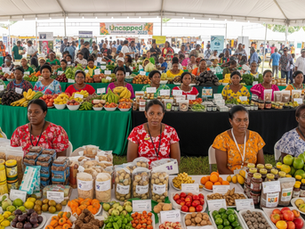 Wide view of UncappeD Marketplace 2025, showcasing various stalls with local Guyanese agro-processed foods, crafts, and happy attendees.