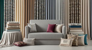 Wide view of EGY HOME TEX, showcasing a variety of colorful and textured upholstery fabrics, elegant curtains, and stylish home textiles