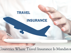 A person in white holds a tablet with a blue airplane graphic. "Travel Insurance" text above. Caption: "Countries Where Travel Insurance Is Mandatory."