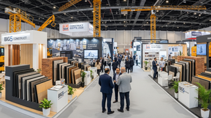 Realistic image of Big 5 Construct Egypt 2026, highlighting various construction equipment, building interior solutions, and the dynamic atmosphere of a major construction
