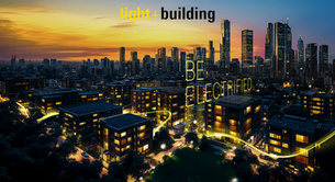 City skyline at sunset with glowing yellow text "Be Electrified" and "light+building" logo. Illuminated buildings amid a vibrant, futuristic mood.
