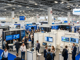 Crowded tech expo with attendees networking amid booths. Blue and white colors dominate. "Embedded World" signs visible above.