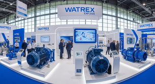 Vibrant panoramic view of WATREX Expo 2026, showcasing innovative water treatment systems, large-scale pumps, and professionals interacting at booths