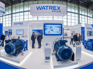 Vibrant panoramic view of WATREX Expo 2026, showcasing innovative water treatment systems, large-scale pumps, and professionals interacting at booths