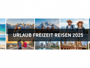 Collage of travel scenes with beaches, mountains, cities, and landmarks. Text: "URLAUB FREIZEIT REISEN 2025." People enjoying various activities.