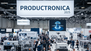 Crowded tech expo with attendees networking under "Productronica 2025" sign. High-tech displays and a futuristic image screen in view.