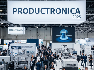 Crowded tech expo with attendees networking under "Productronica 2025" sign. High-tech displays and a futuristic image screen in view.