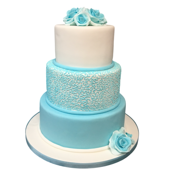 Three-tier wedding cake with blue and white sugar paste and sugar roses.