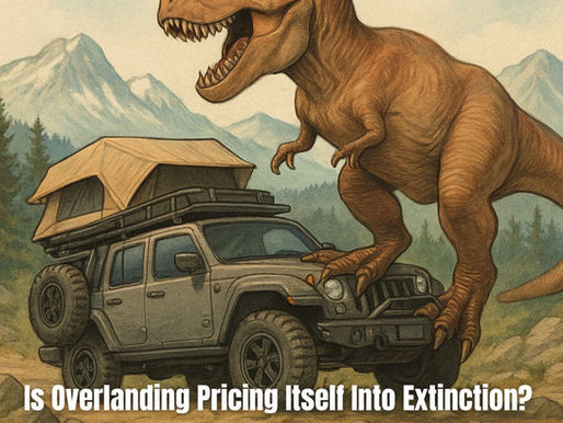 T. rex crushing an overlanding rig with rooftop tent, symbolizing overpriced gear driving overlanding to extinction.