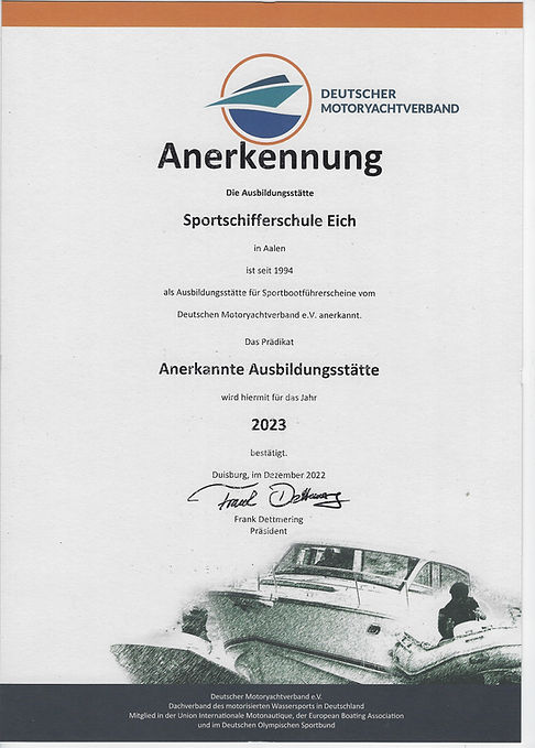 urkunde anerkannte Ausbildungsstätte des Deutsxchen Motoryacht Verbandes 2023
