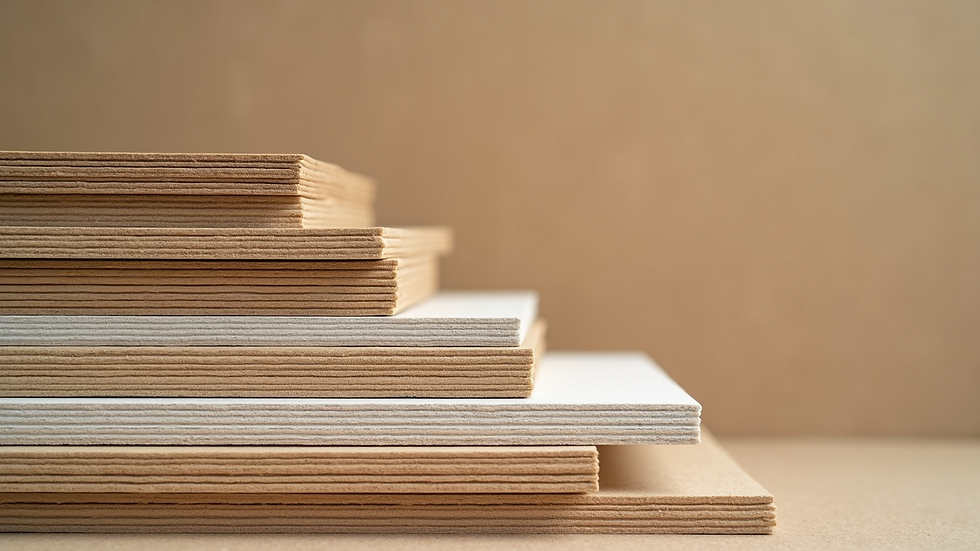 Close-up view of various types of drywall boards stacked for selection