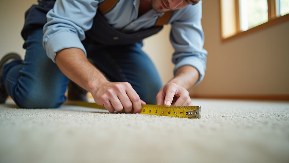 Eye-level view of a professional carpet installer measuring a room for new carpet