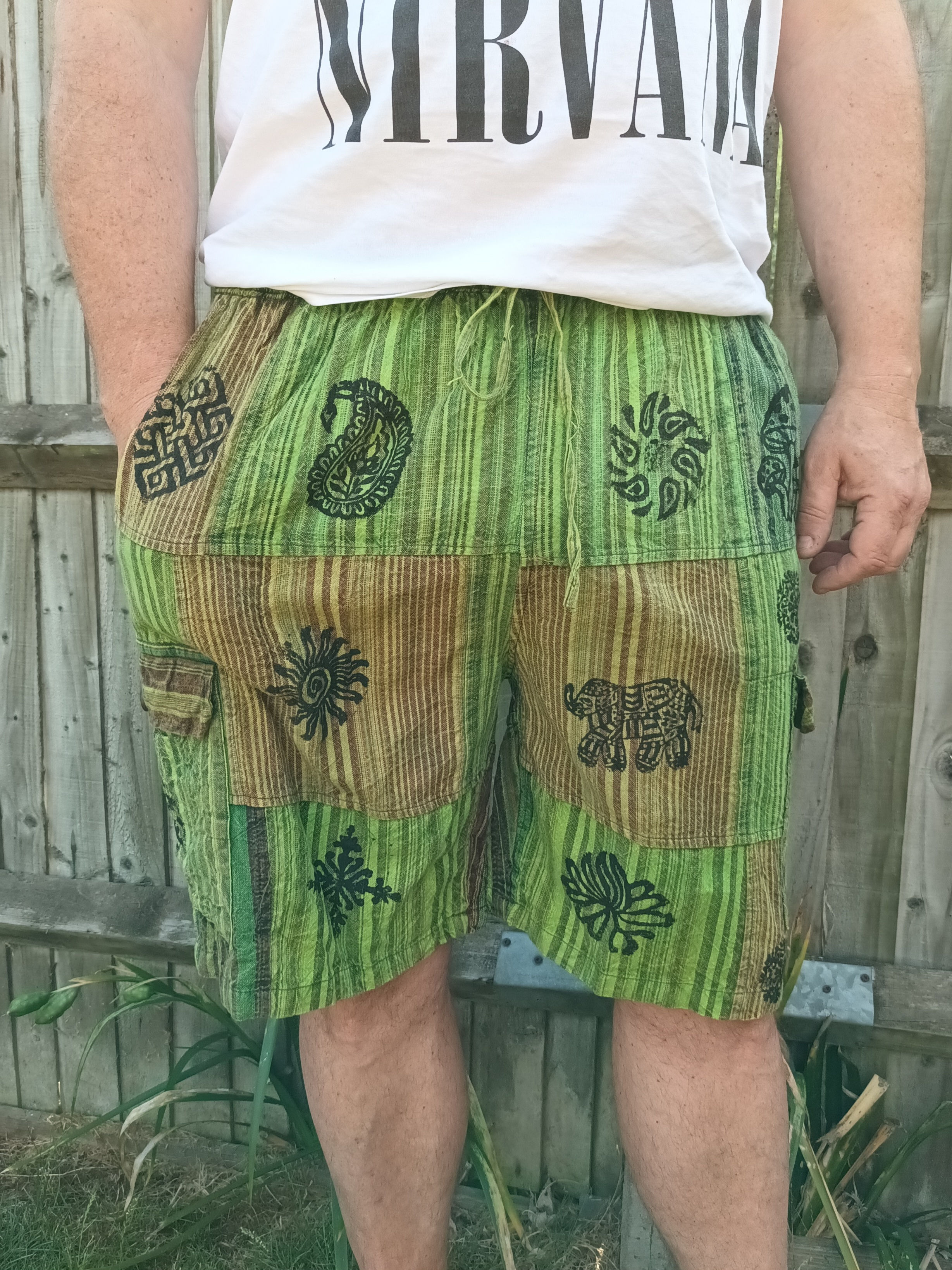 Patchwork cargo shorts on model