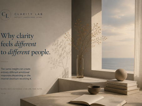 Minimal editorial-style composition with soft architectural forms, warm neutral textures, deep muted blue tones, and symbolic spatial balance representing emotional perception and the internal experience of clarity.