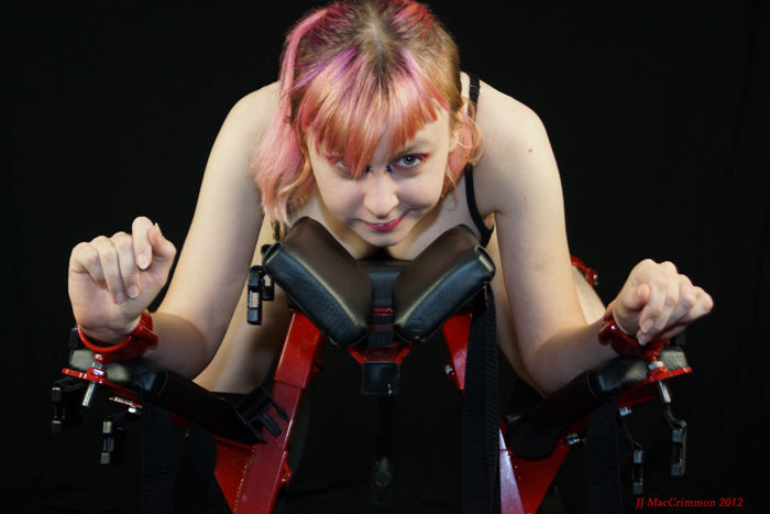 Thumbnail: Front view of Crucible Bench with model secured in restraints, head side facing camera.