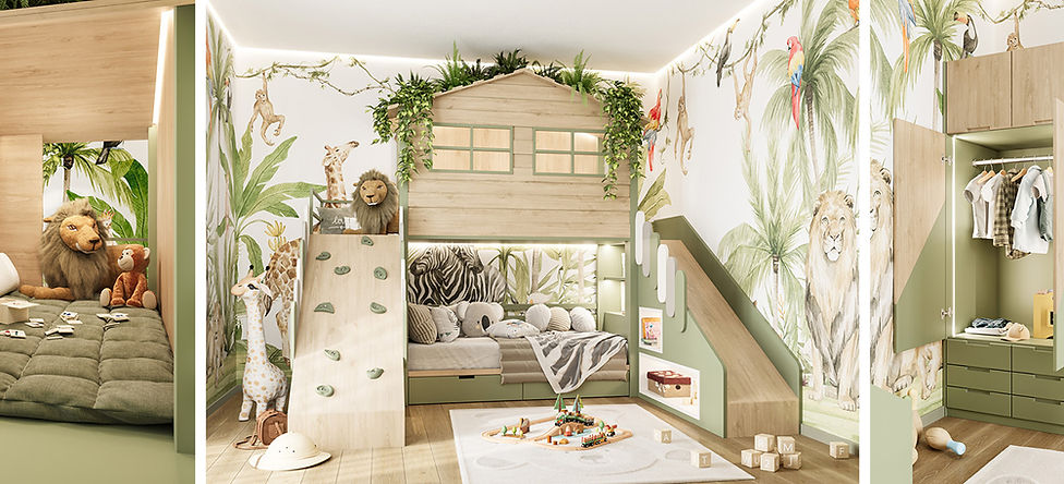 Cameretta a tema giungla con decorazioni di animali e piante tropicali, letto a castello con scala e scivolo. Un ambiente avv