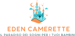 Logo di Eden Camerette con un castello fiabesco sopra un libro aperto, accompagnato dal testo 'Il paradiso dei sogni per i tu