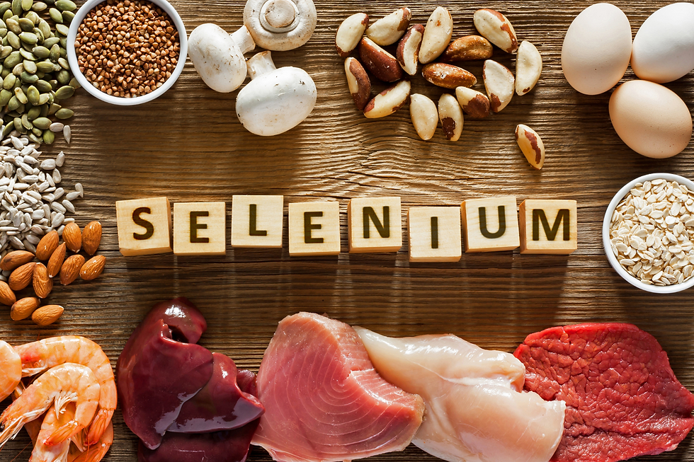 Selenium rich foods on the table including brazil nuts, mushrooms, meets, pumpkin seeds