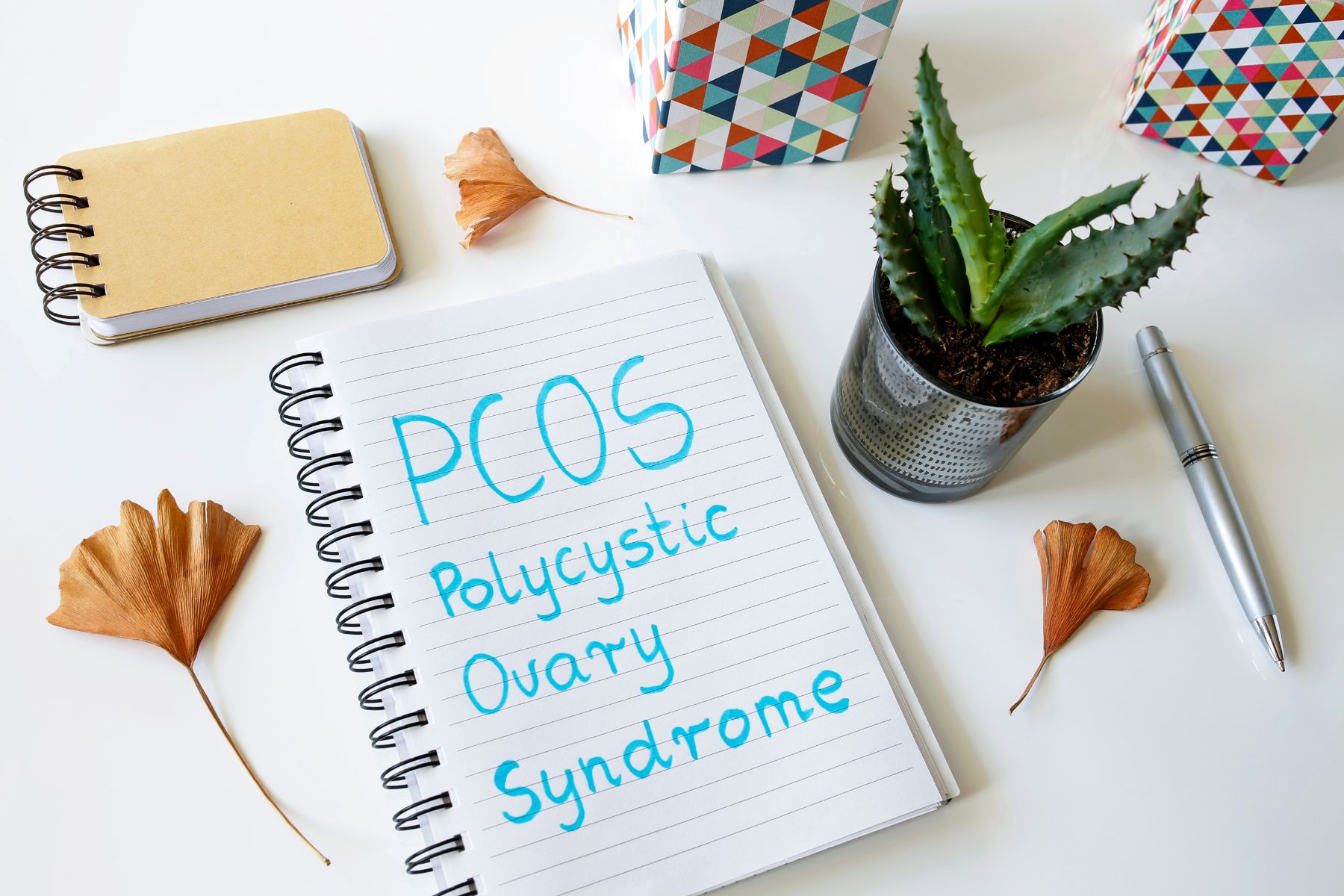 PCOS - Polycystic Ovarian Syndrome written on a note pad in blue on a desk with a green plant pen