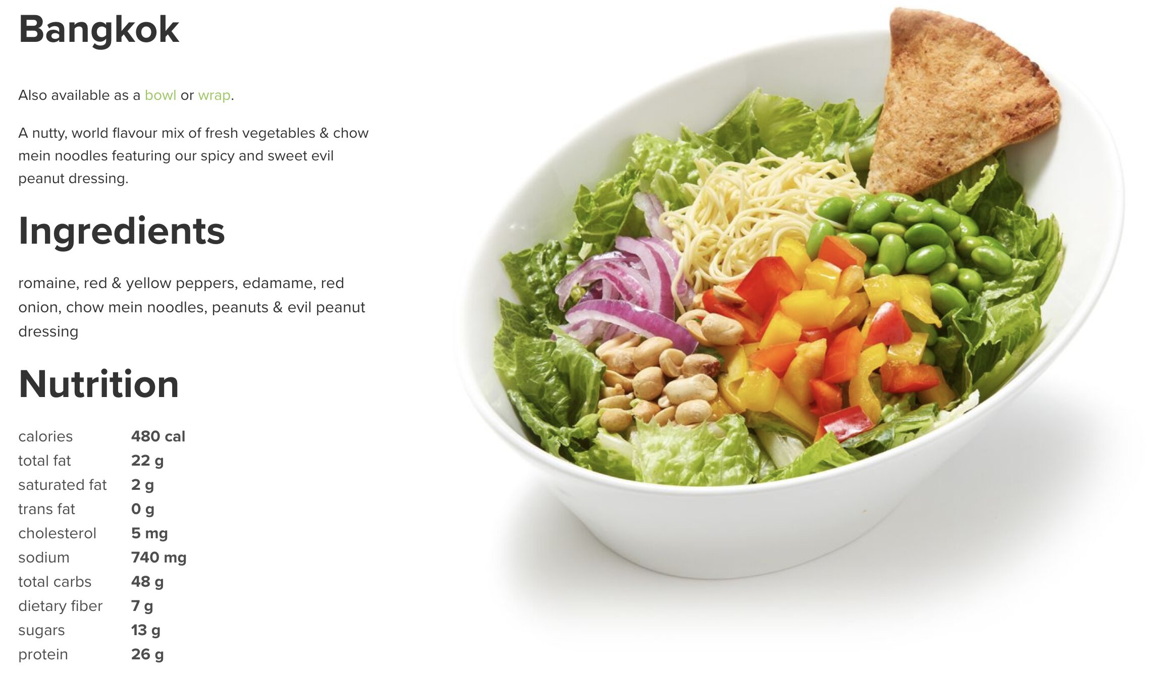 The Bangkok salad plated from the Chopped Leaf Menu along with the nutrition facts table