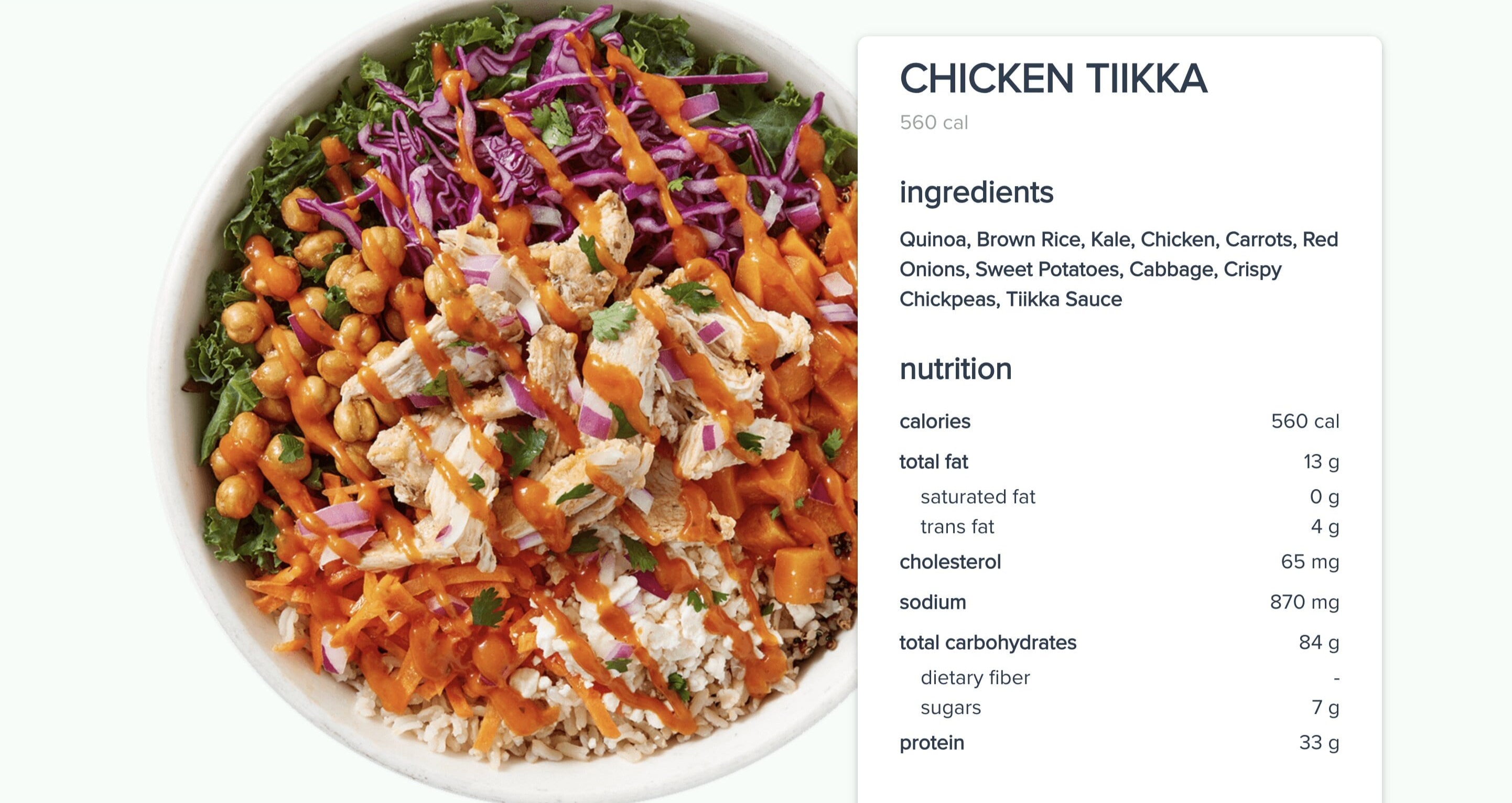 Freshhi Chicken tikka salad bowl with nutrition facts table on side