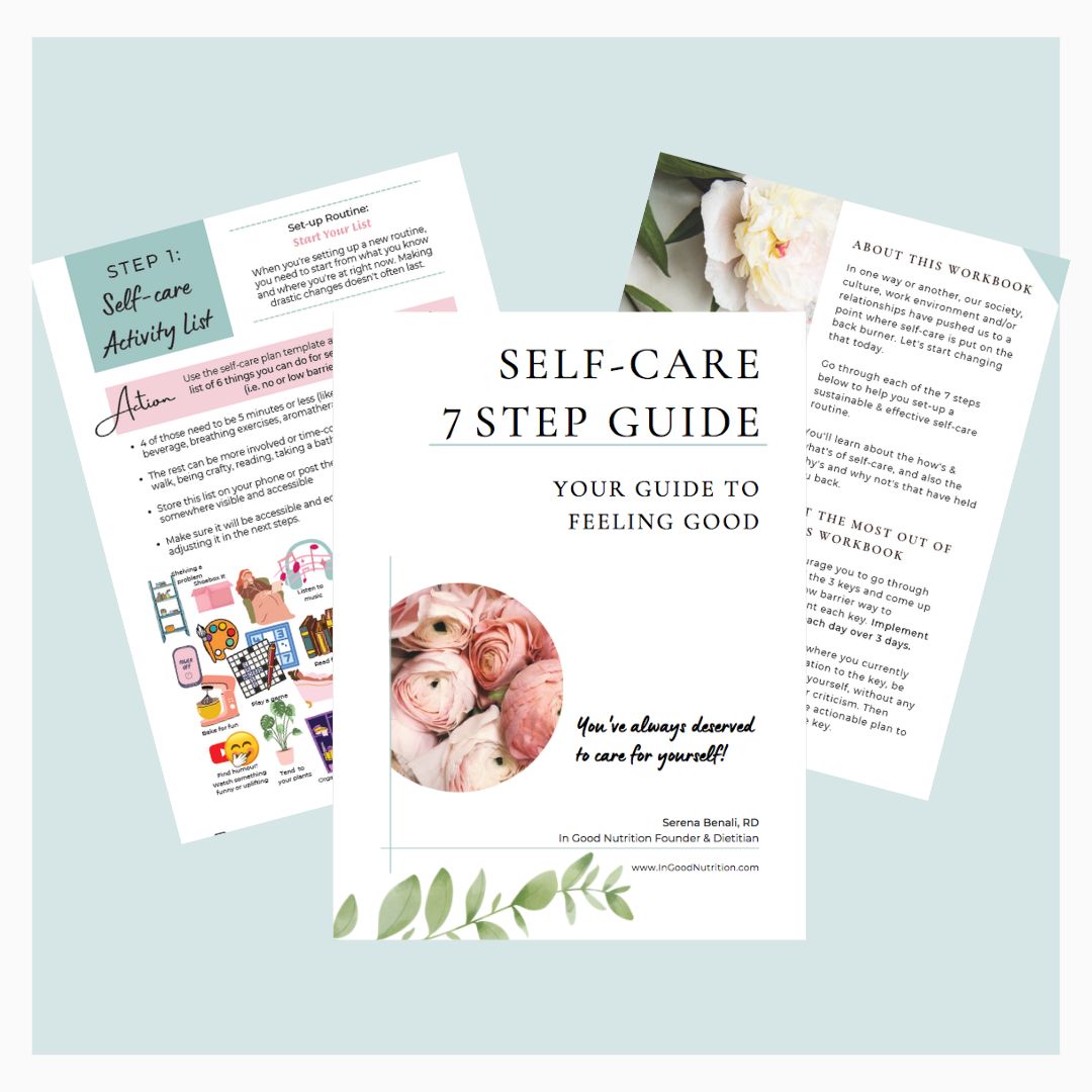 Page samples from the In Good Nutrition Self-Care Guide, featuring tips and strategies for mindful well-being and relaxation.