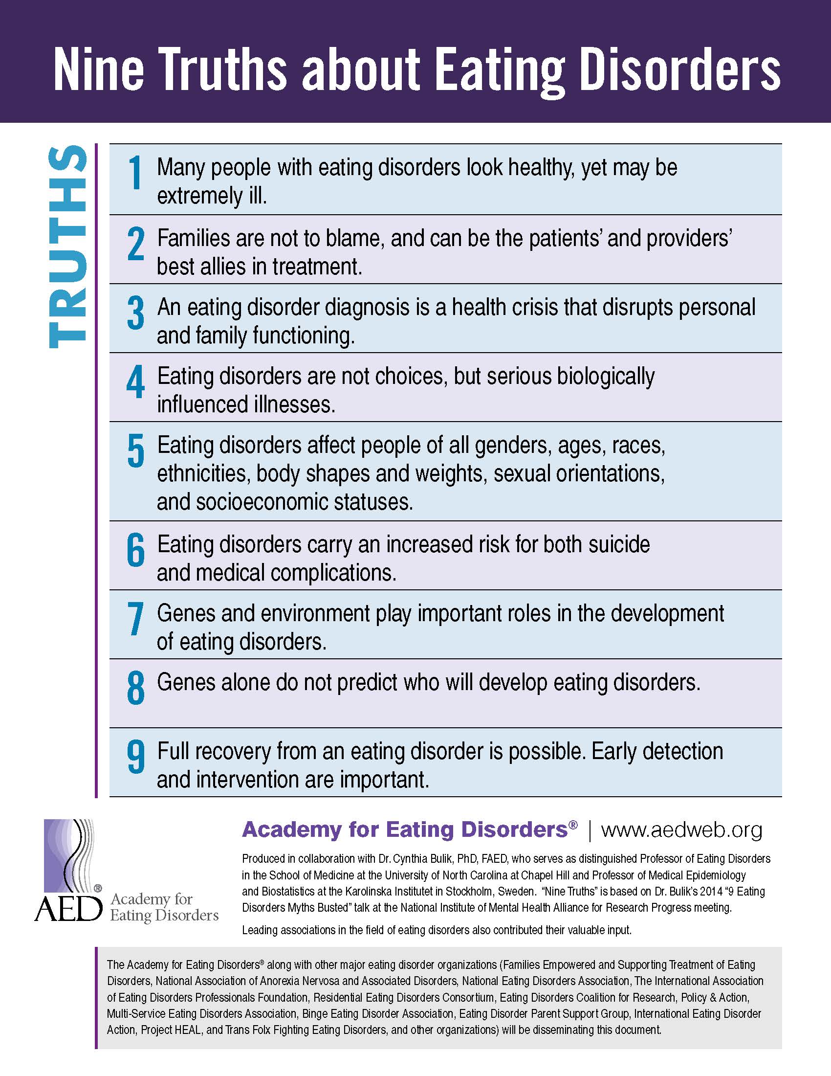 text- the 9 truths about eating disorders from the Academy of Eating Disorders
