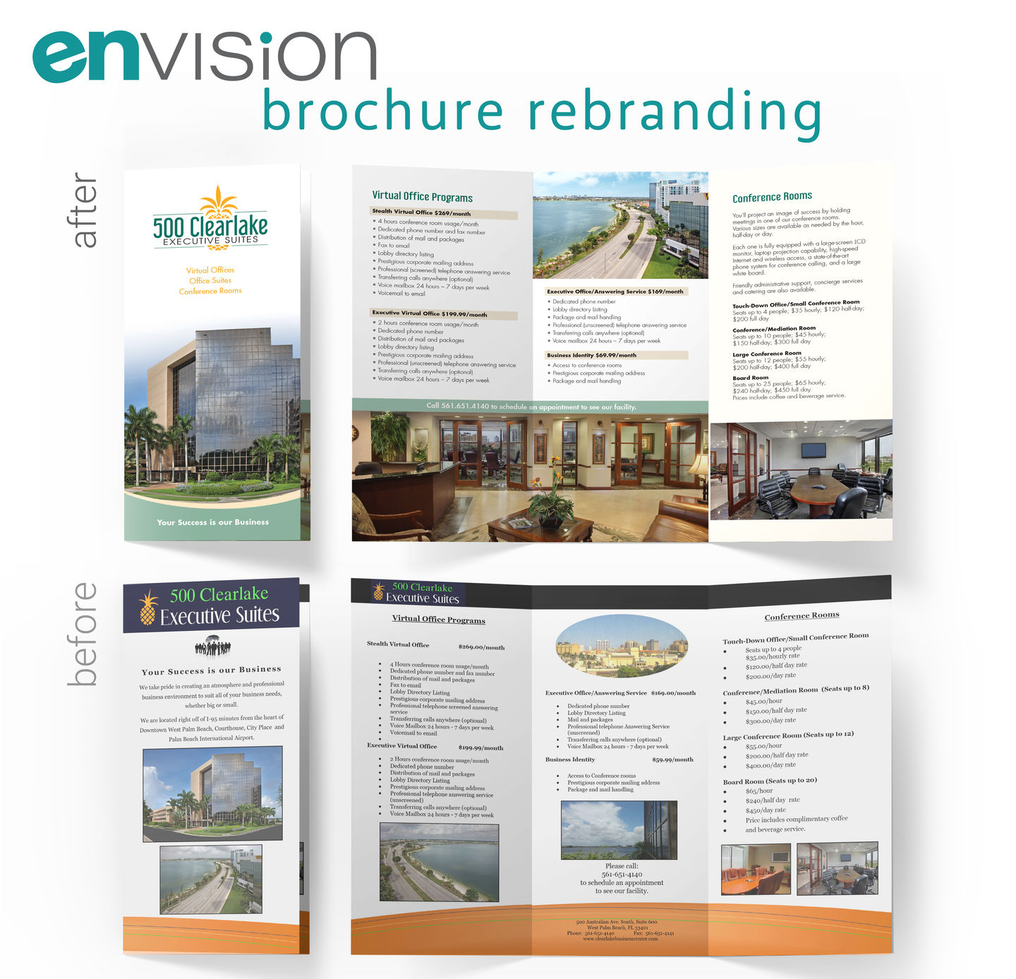 500 Clearlake Executive Suites Rebranding Before & After Trifold Brochure