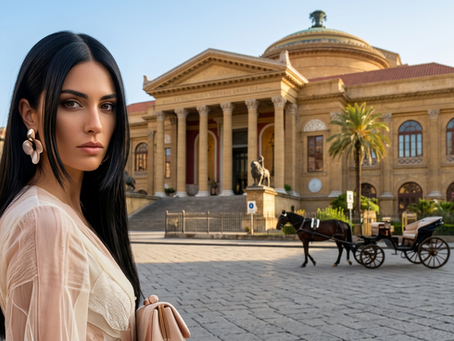 Ritratto editoriale di donna siciliana con capelli lunghi neri lucidi davanti al Teatro Massimo di Palermo, con carrozza a cavallo sullo sfondo.