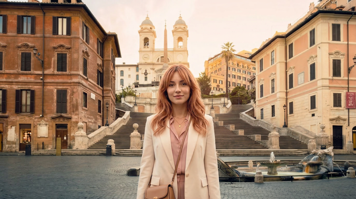 Donna italo‑latina con taglio medio rame rosato e frangia a tendina in Piazza di Spagna a Roma, scalinata sullo sfondo.