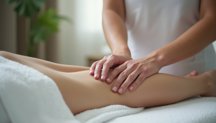 Close-up view of a therapist performing gentle lymphatic drainage massage on a person's arm