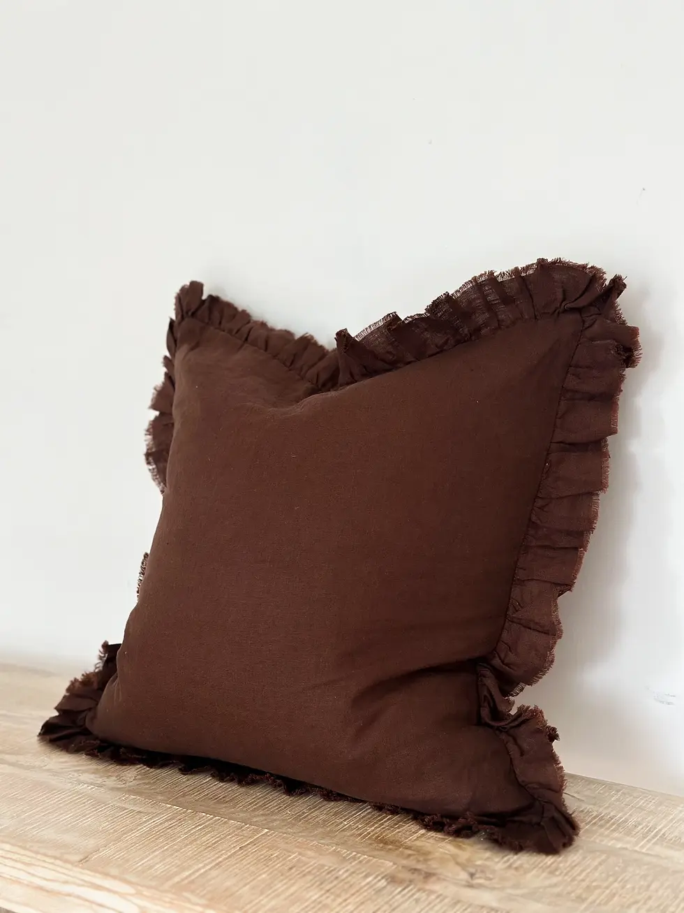 Thumbnail: Hallie Ruffled Linen Cushion Dark Brown 45 x 45 cm