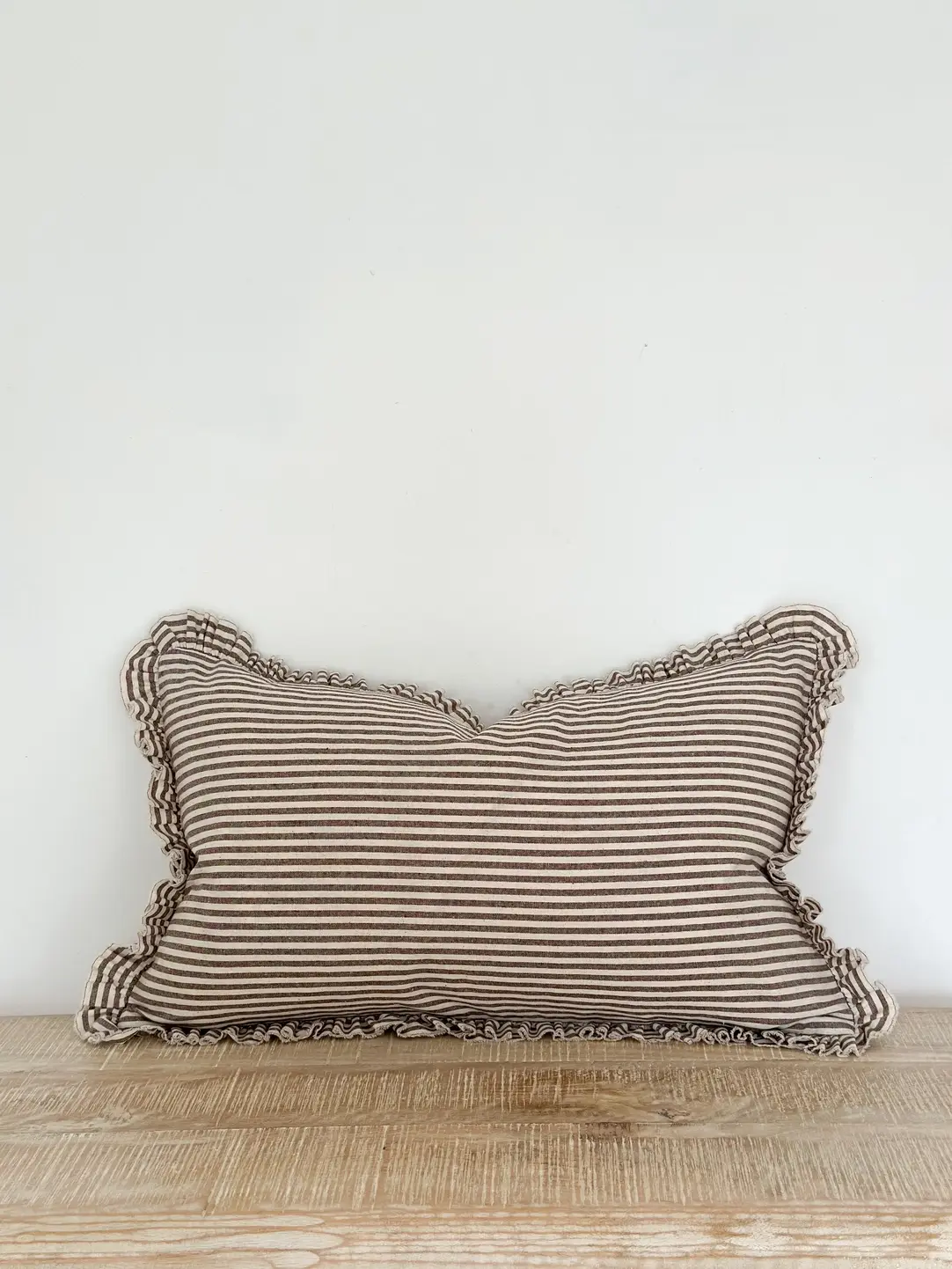 Hallie Ruffle Linen Cushion – Light Brown Stripe