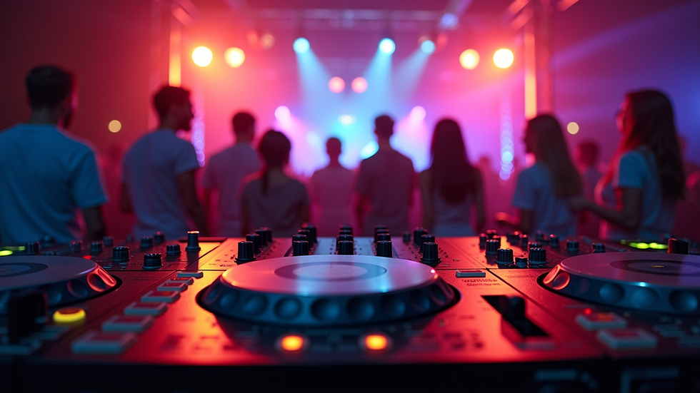 Eye-level view of DJ setup with colourful lights at an event