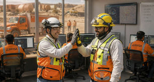 Dos operarios con casco y chaleco naranja chocan las manos en una sala de control minera; monitores y desierto de fondo, ambiente alegre.