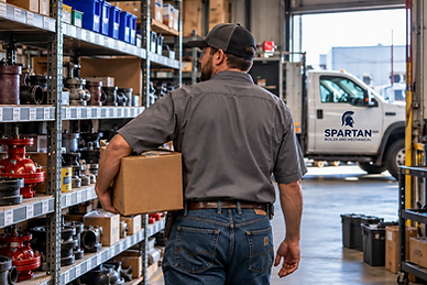 Parts runner carrying materials through an industrial mechanical parts warehouse.