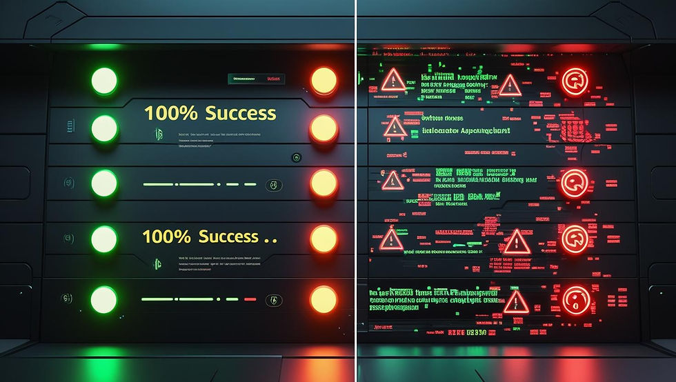 A split dashboard with success indicators on the left and contrasting errors on the right