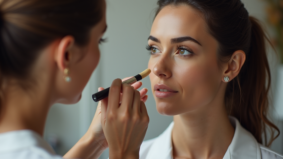 Close-up view of a makeup artist applying foundation on a client