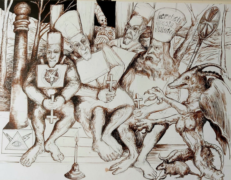 Hakan Daloğlu’nun Teolojik ve Politik Kapriçyolar serisinden bir eskiz. Kafesler, kanatlı figürler ve çarklar arasında sıkışmış insan figürleriyle dini ve siyasi iktidarın birey üzerindeki baskısını anlatan kompozisyon.