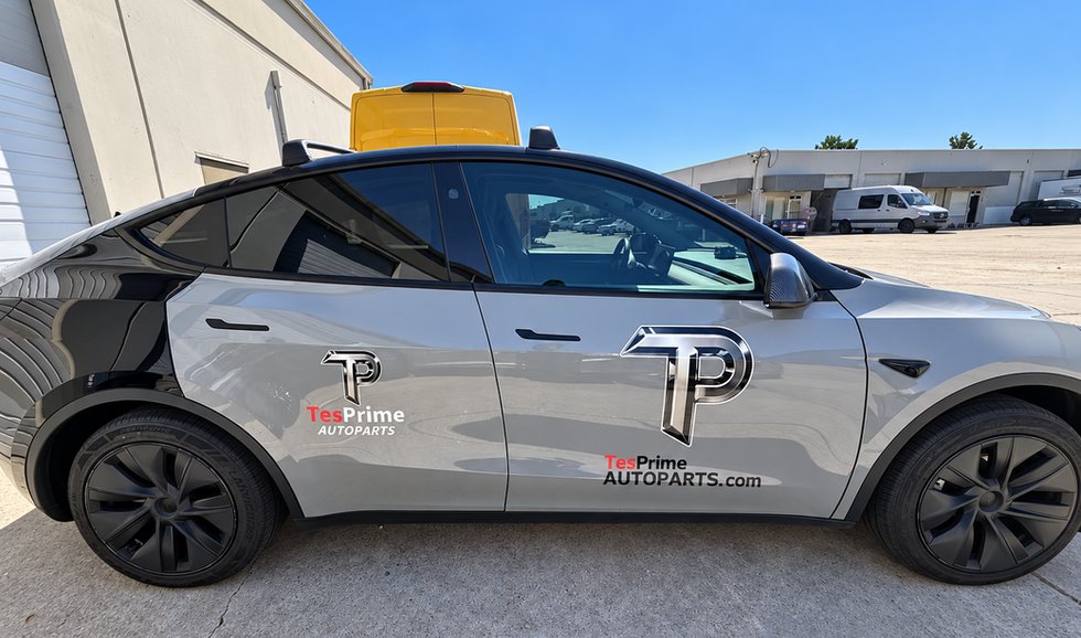 Side view of our Tesla Model Y test vehicle showcasing the installed body panels and overall fitment.