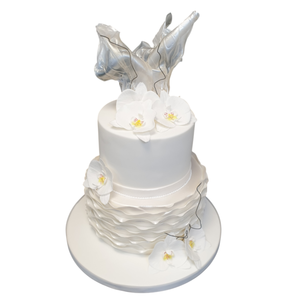 Elegant and luxurious cake adorned with ruffles, orchids, shimmer, and sails, perfect for special occasions and celebrations.