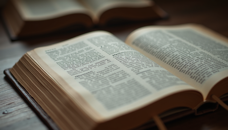 High angle view of an open Bible on historical books with notes