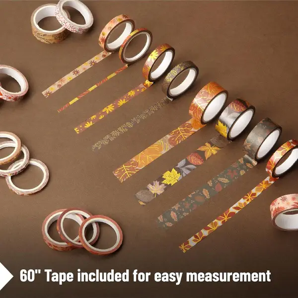 Thumbnail: Washi Tape Set, 21 Rolls, Autumn Leaves, Decorative Tape with Measure Tape